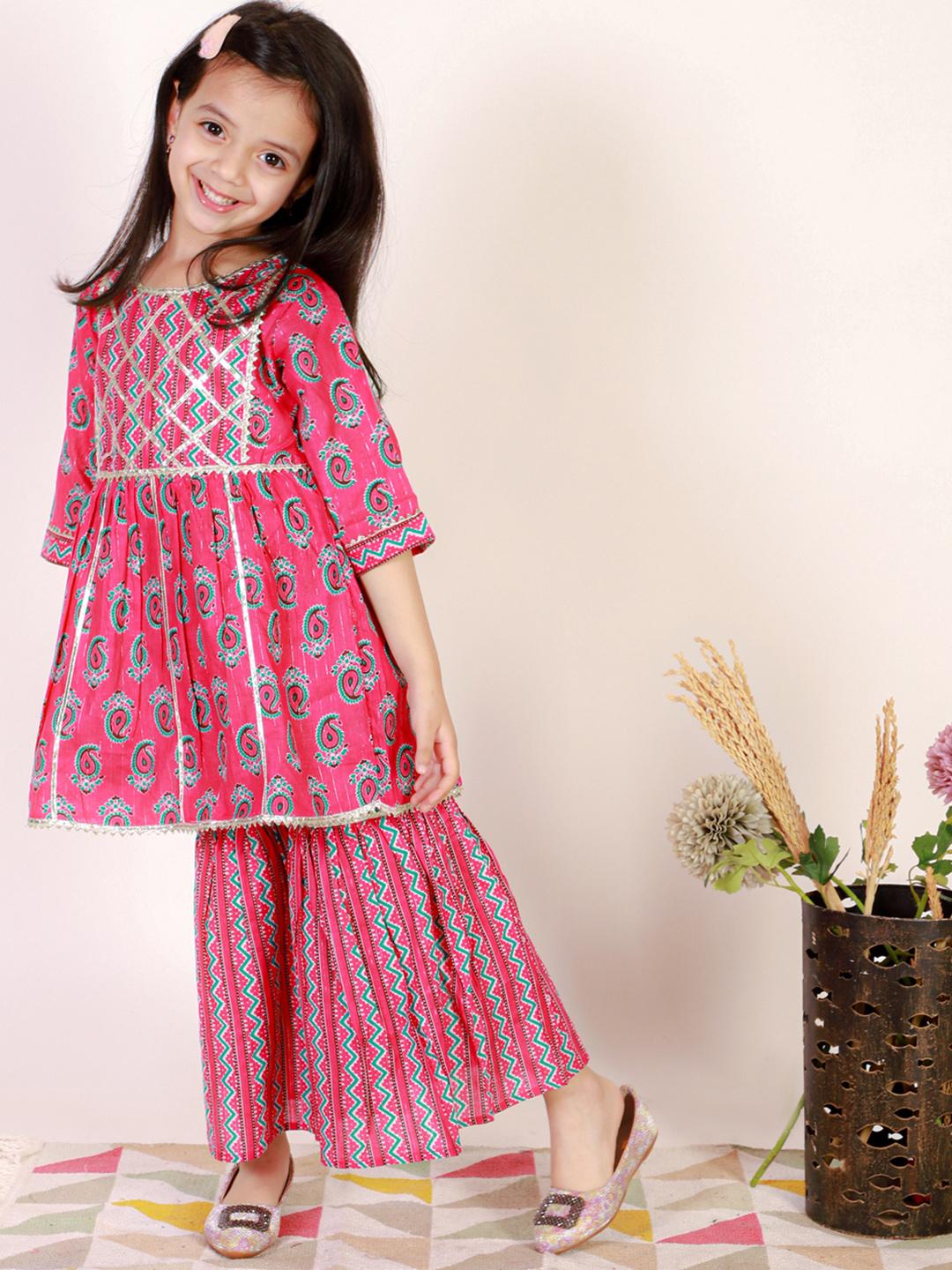 Girls Pink Printed Gotta Patti Pure Cotton Kurta With Palazzos With Dupatta