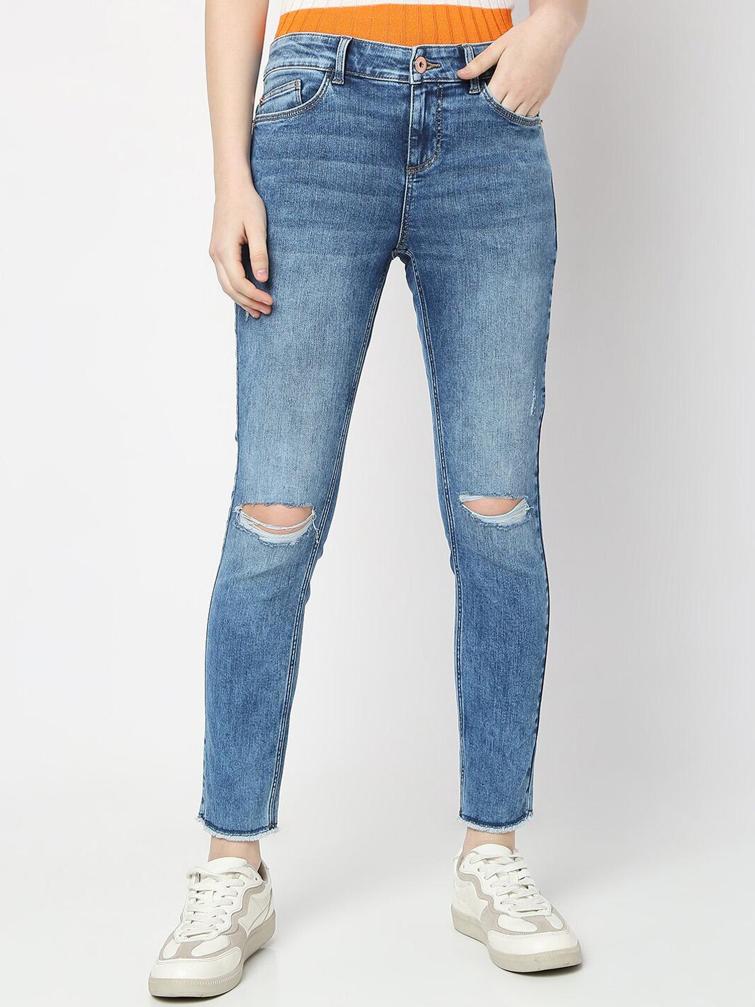 Vero Moda Women Mid-Rise Skinny Fit Slash Knee Heavy Fade Stretchable Cotton Jeans