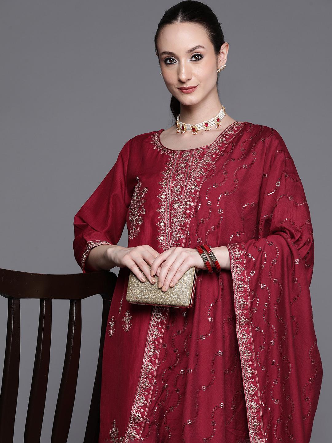 Indo Era Maroon Embroidered Straight Kurta Trousers With Dupatta Set