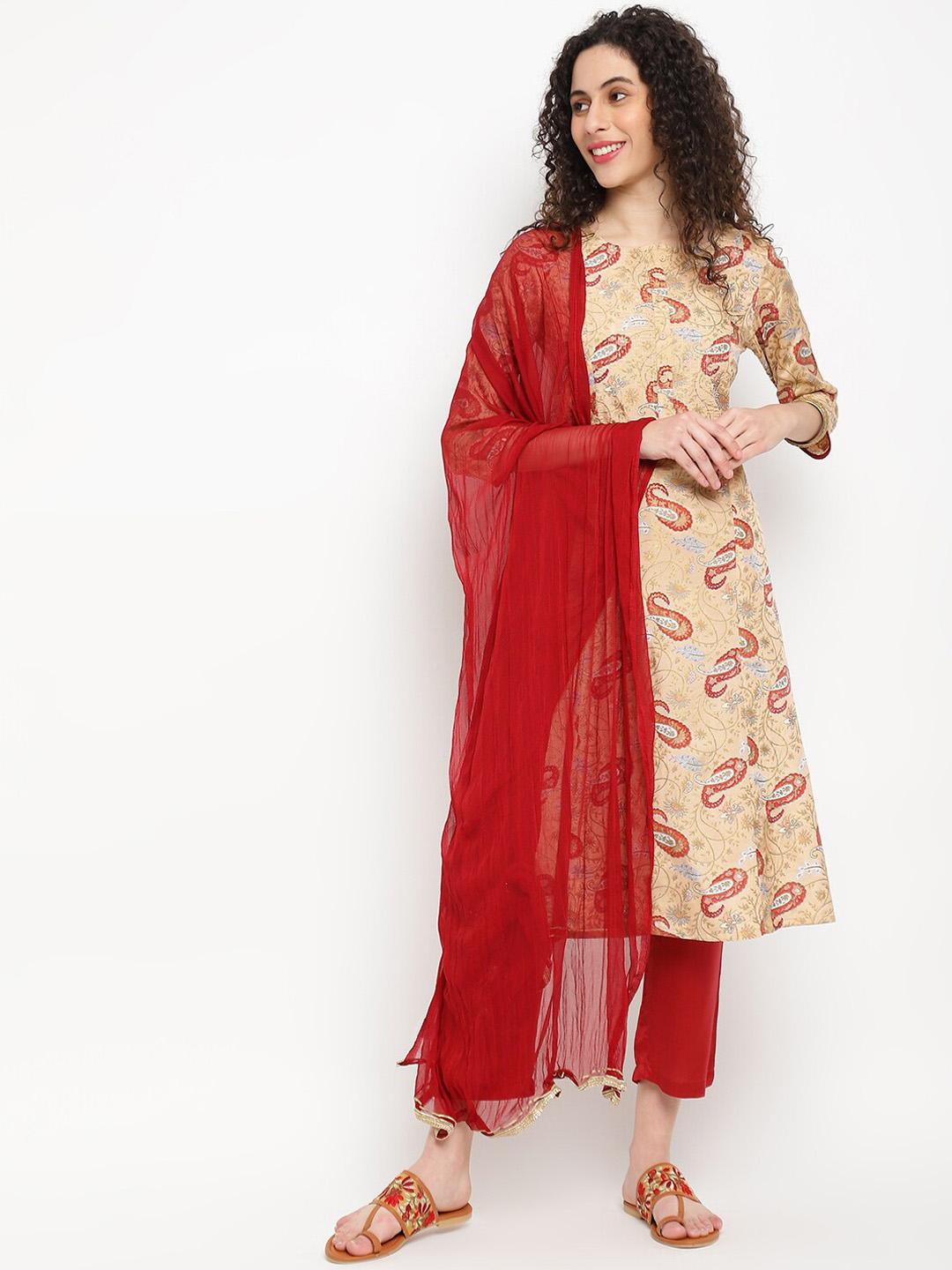 Women Cotton Olive Paisley Print Kurta Comfort Pant Dupatta