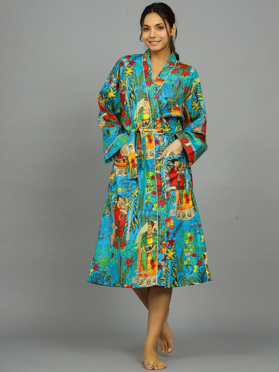 Talia Drawstring Robe Buy HANDICRAFT PALACE Turquoise Blue Floral Cotton Drawstring Midi Bath ...