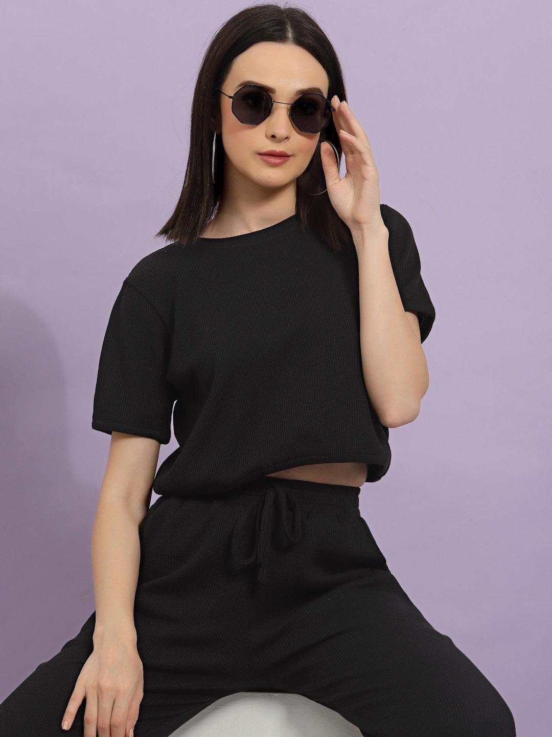 Buy Rigo Black Solid T Shirt And Joggers Co Ord Set - - Apparel for Women