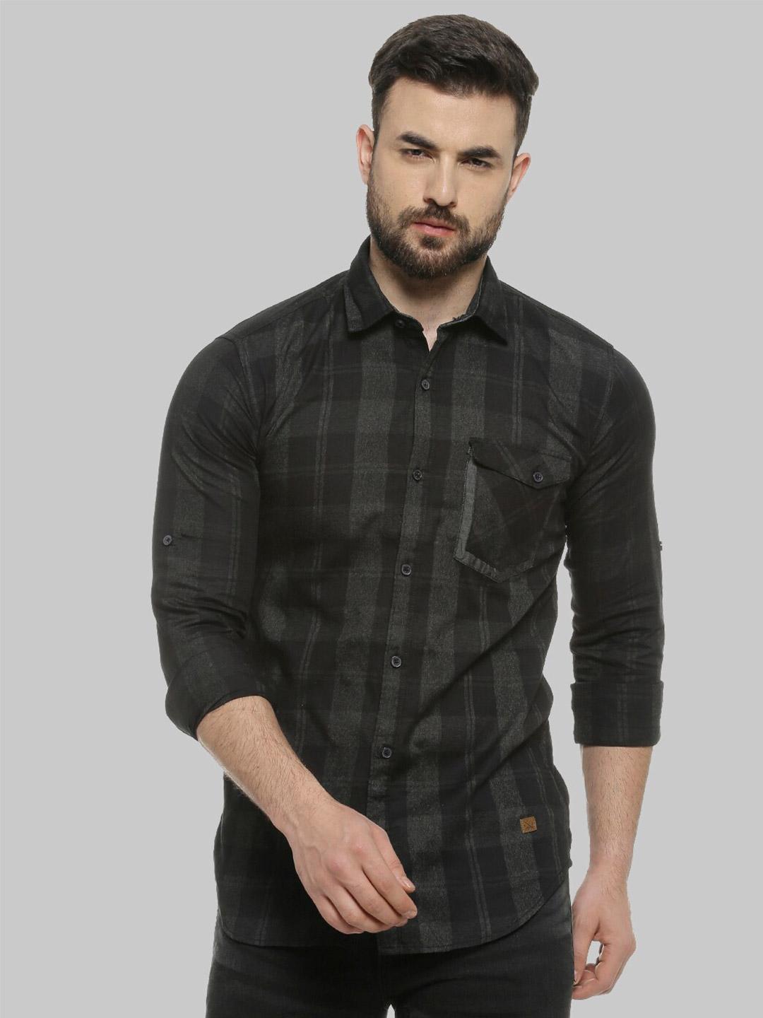 Campus Sutra Black & Green Classic Tartan Checked Cotton Casual Slim Fit Shirt