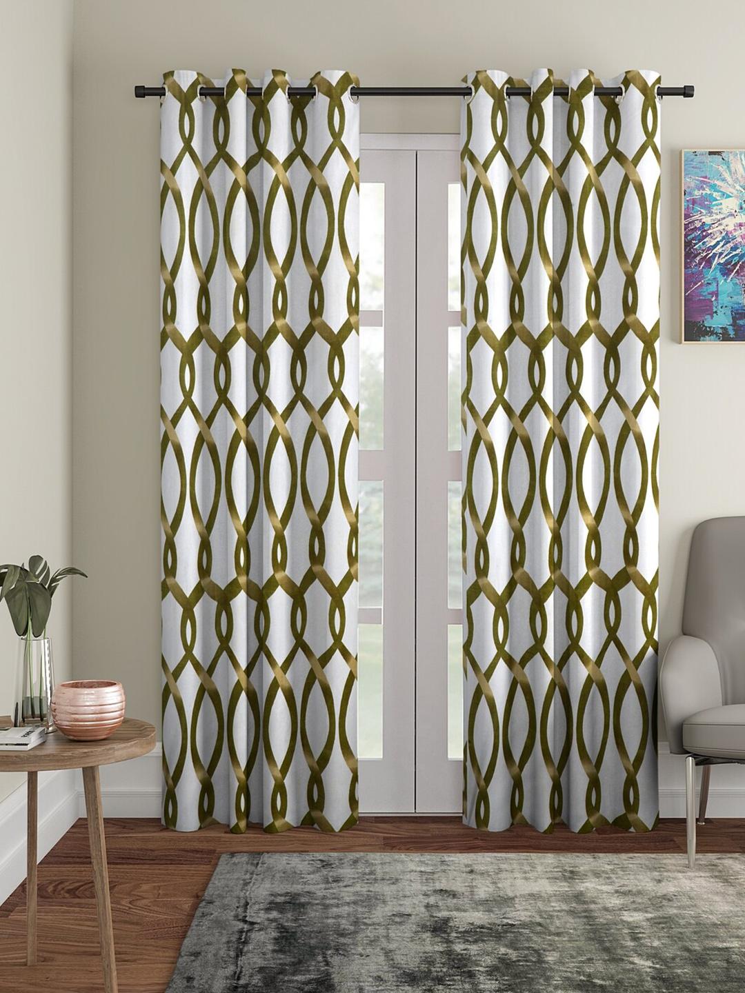 Buy Cortina Olive Green & White 2 Pieces Printed Door Curtains -  - Home for Unisex