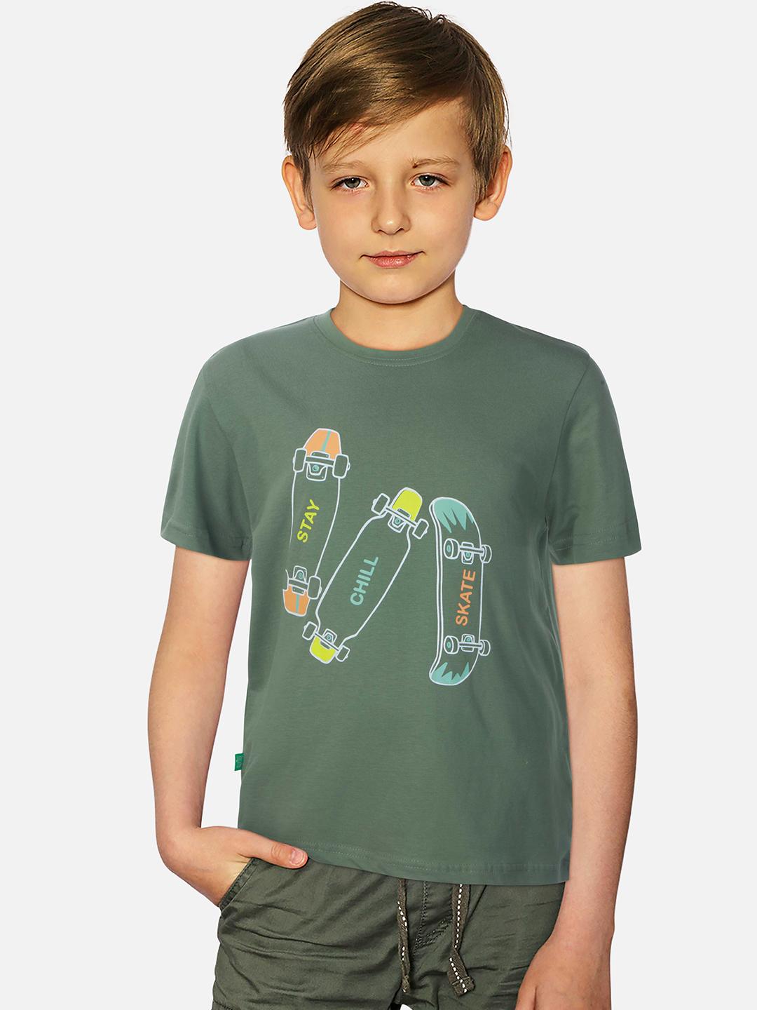 Boys Green Cotton Printed T-Shirt