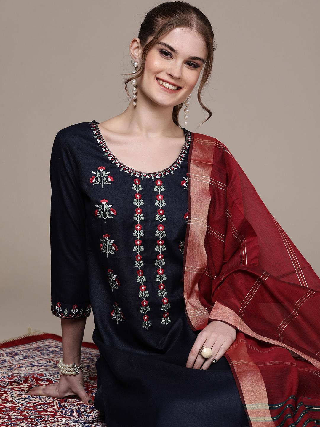 Women Navy Blue Embroidered Straight Kurta With Palazzo And Dupatta