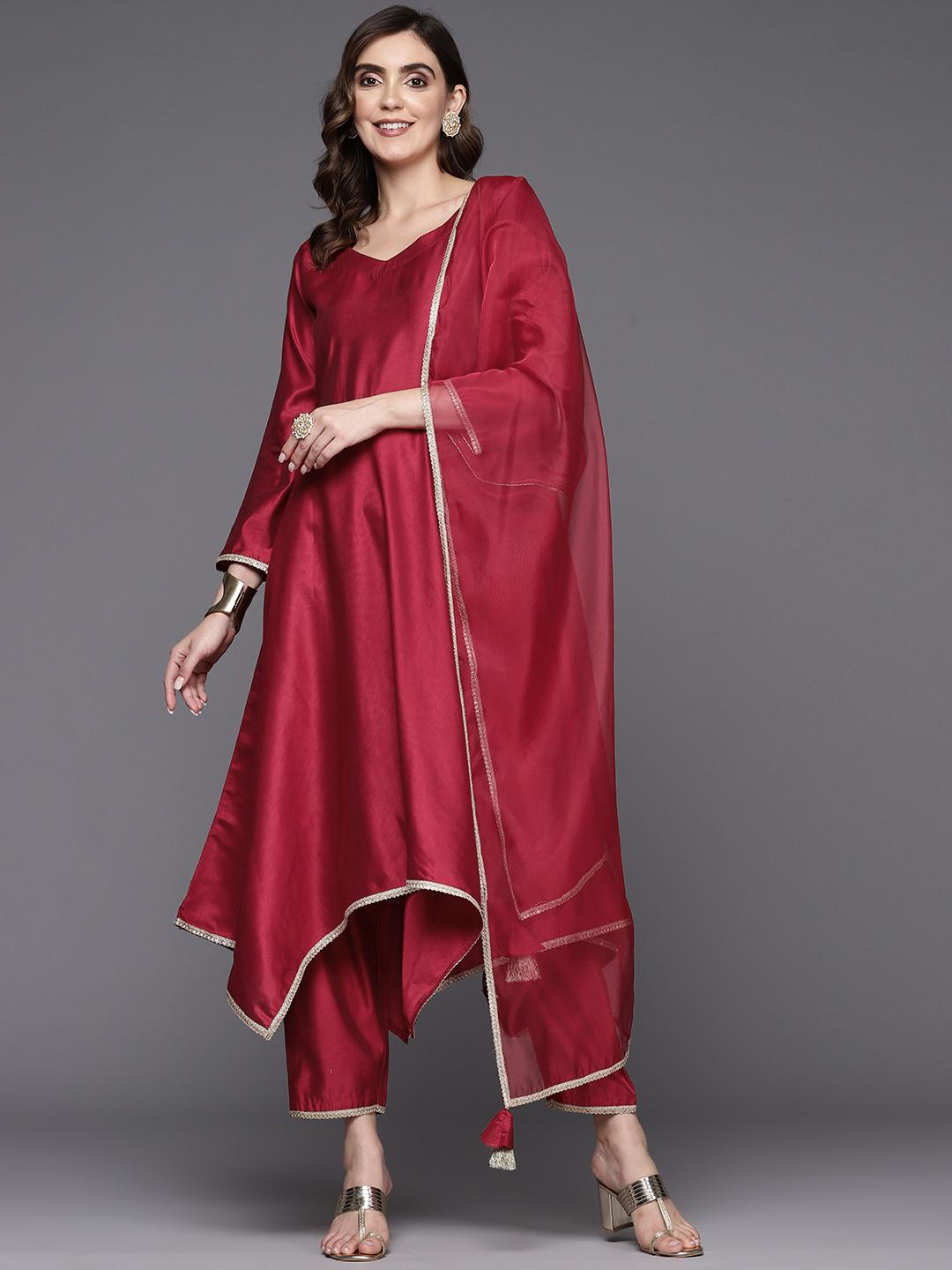 Women Red Solid A-Line Kurta Trousers With Dupatta Set