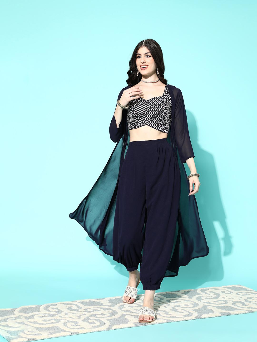 Buy Libas Women Embroidered Crop Top With Salwar & With Shrug -  - Apparel for Women