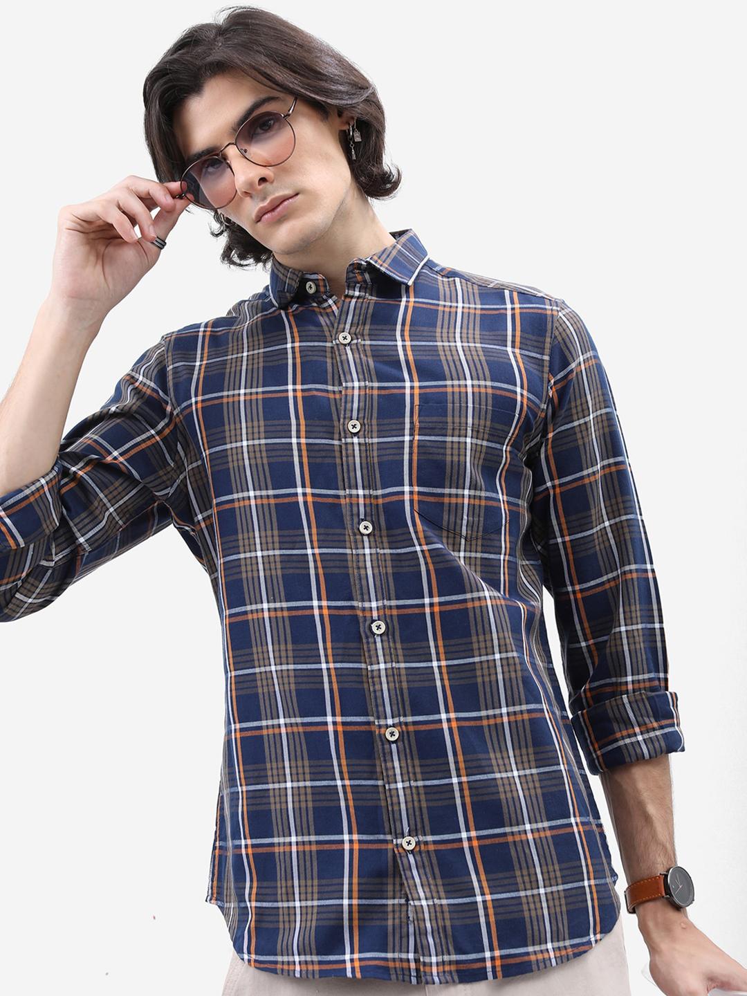 HIGHLANDER Navy Blue Tartan Checked Slim Fit Casual Shirt