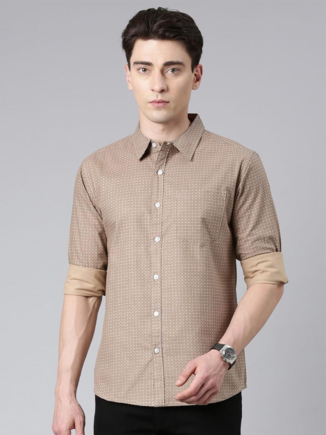 Men's Beige Premium Slim Fit Floral Printed Cotton Casual Shirt