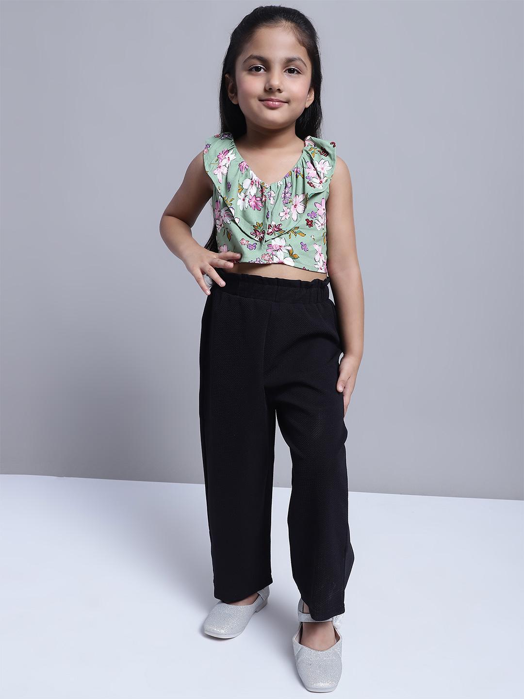 Buy Superminis Girls Black Floral Printed Pure Cotton Top With Trousers Clothing Set - - Apparel for Girls