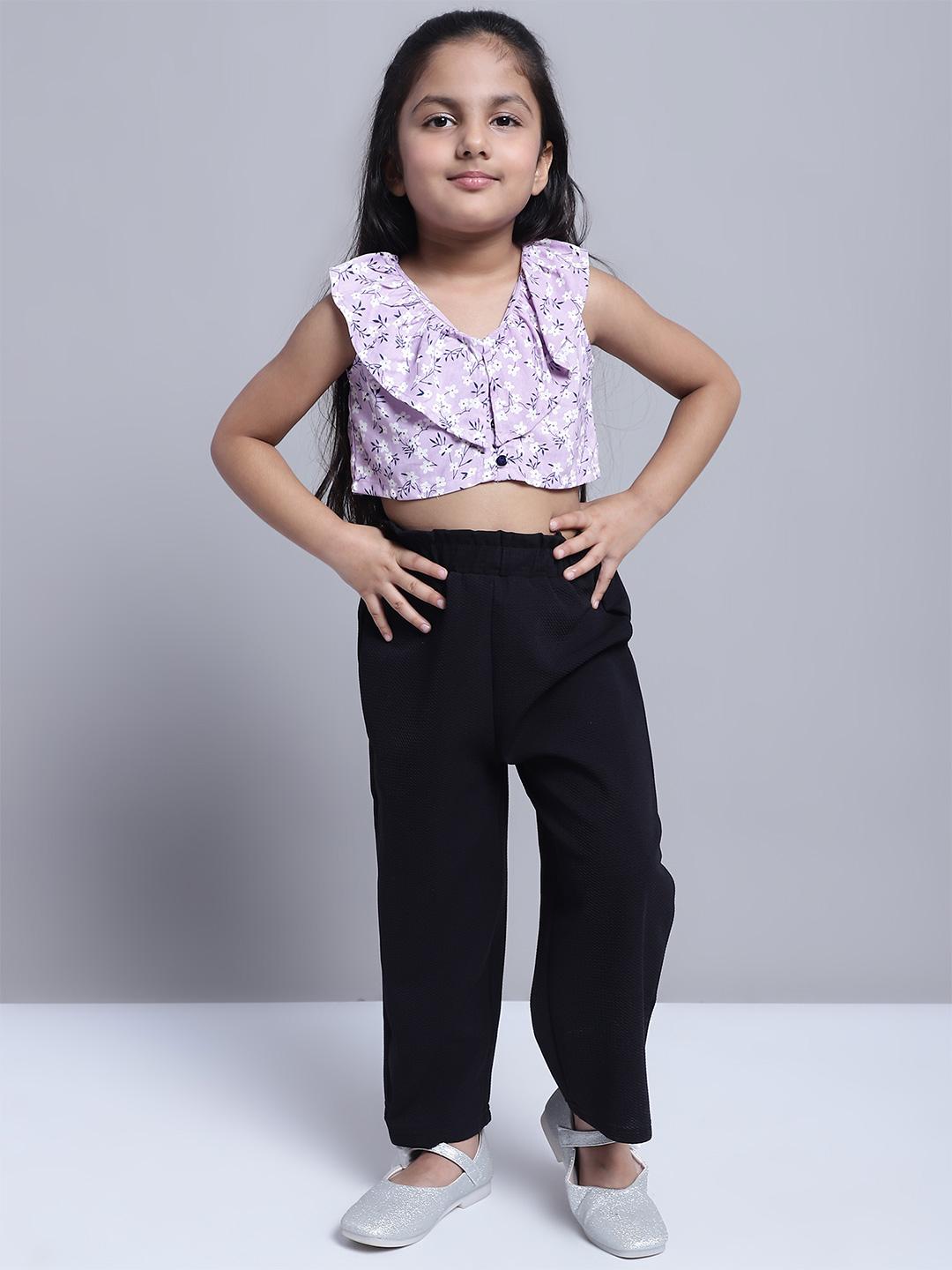 Buy Superminis Girls Black Floral Printed Pure Cotton Top With Trousers Clothing Set -  - Apparel for Girls