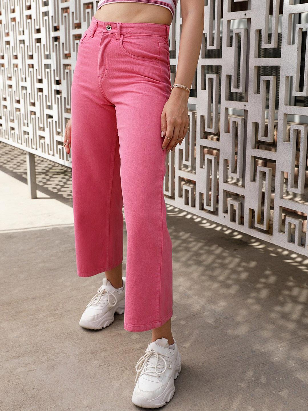 Women's Pink Jogger High-Rise Highly Distressed Jeans