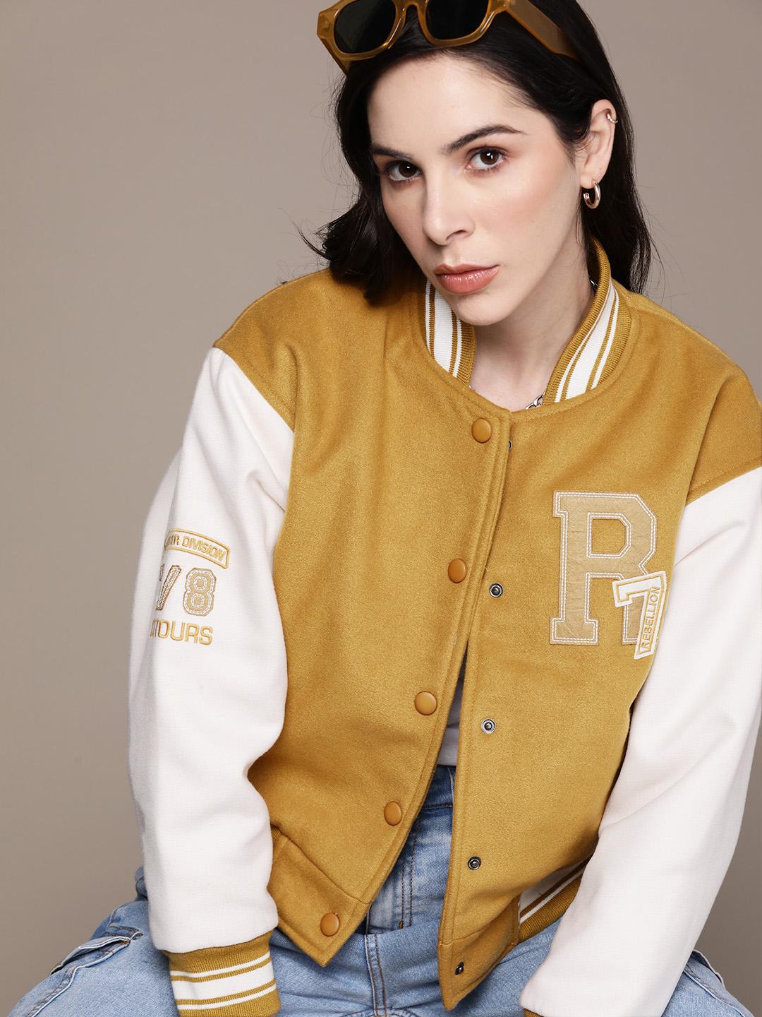 The Roadster Lifestyle Co. Solid Applique Detailed Drop-Shoulder Sleeves Varsity Jacket