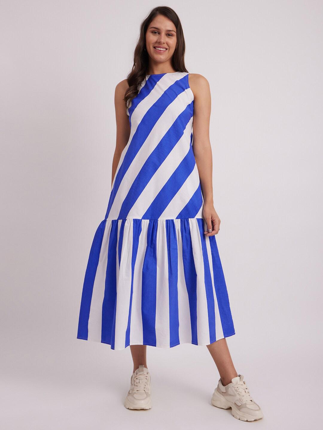 Floral Stripe Cotton Drop-Waist Midi Dress