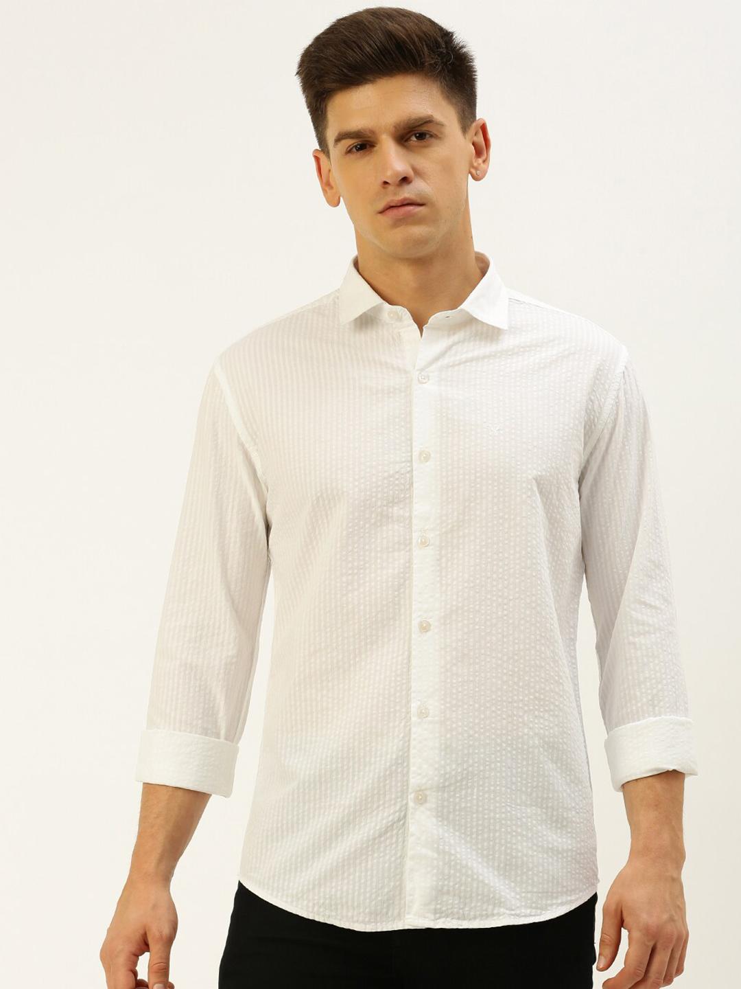 Men's White Self Designed Classic Slim Fit Casual Shirt