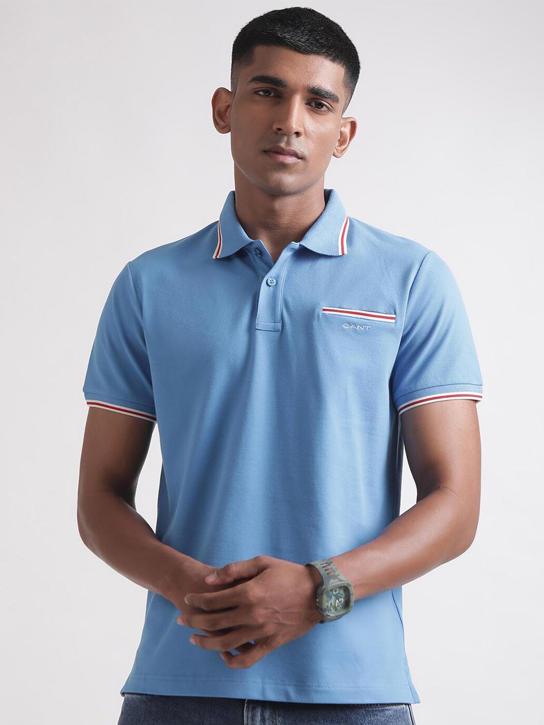 Gant Men Blue Solid Polo Collar Short Sleeves Tshirt