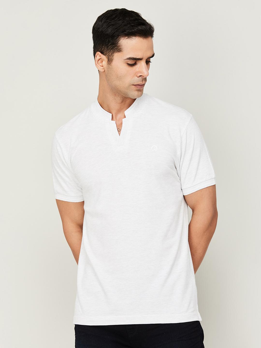 Men's White Solid Henley Neck Cotton Slim Fit T-Shirt