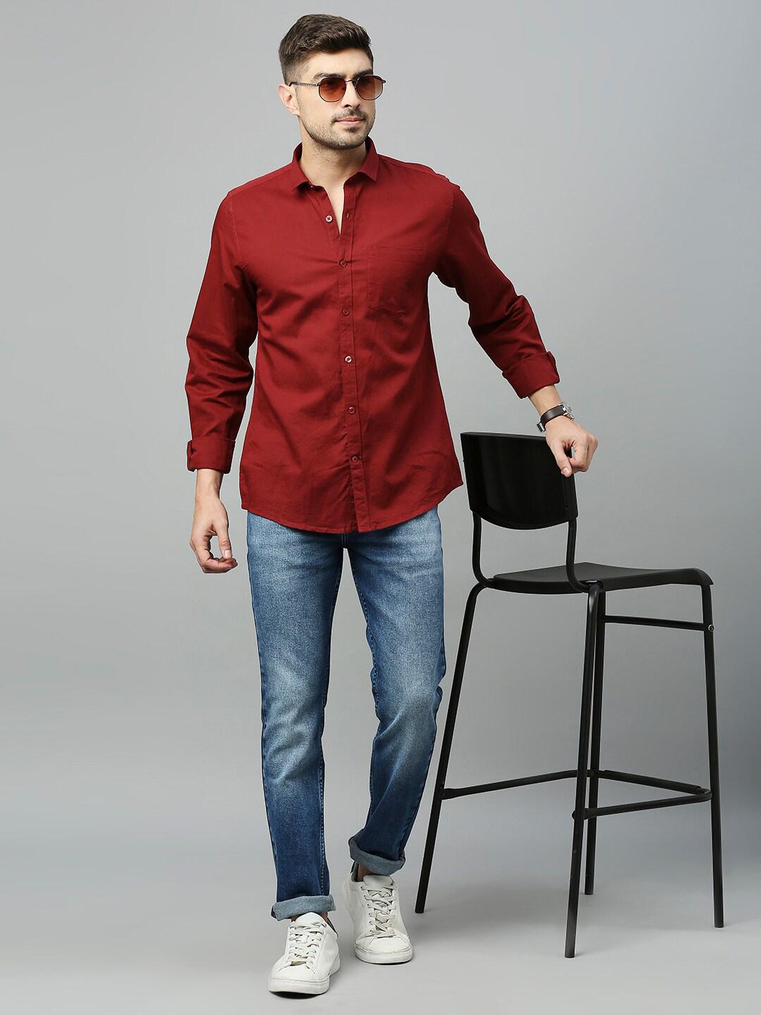Mast & Harbour Maroon Classic Slim Fit Cotton Linen Casual Shirt