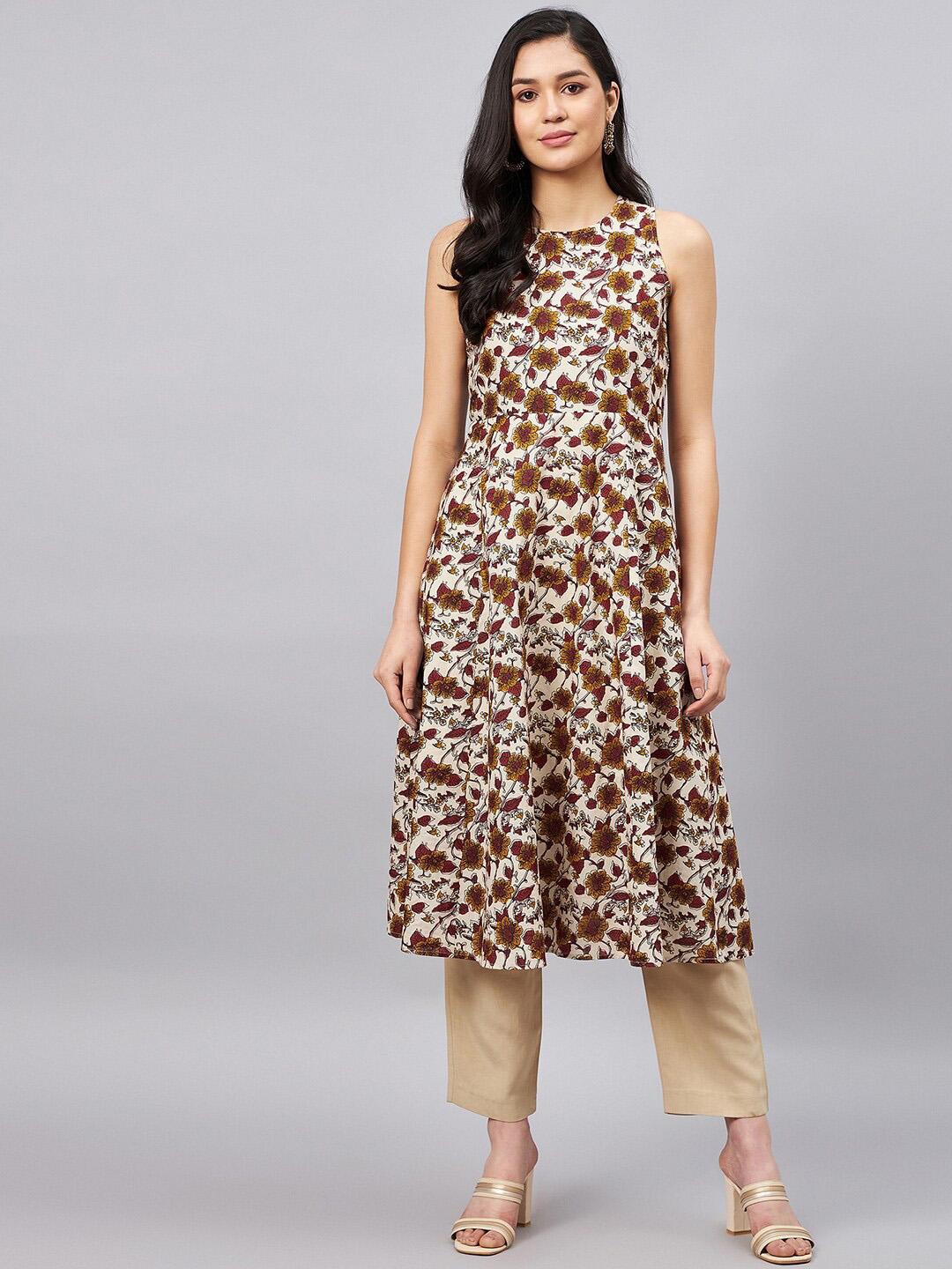 Women Beige Floral Front Open Anarkali Kurta