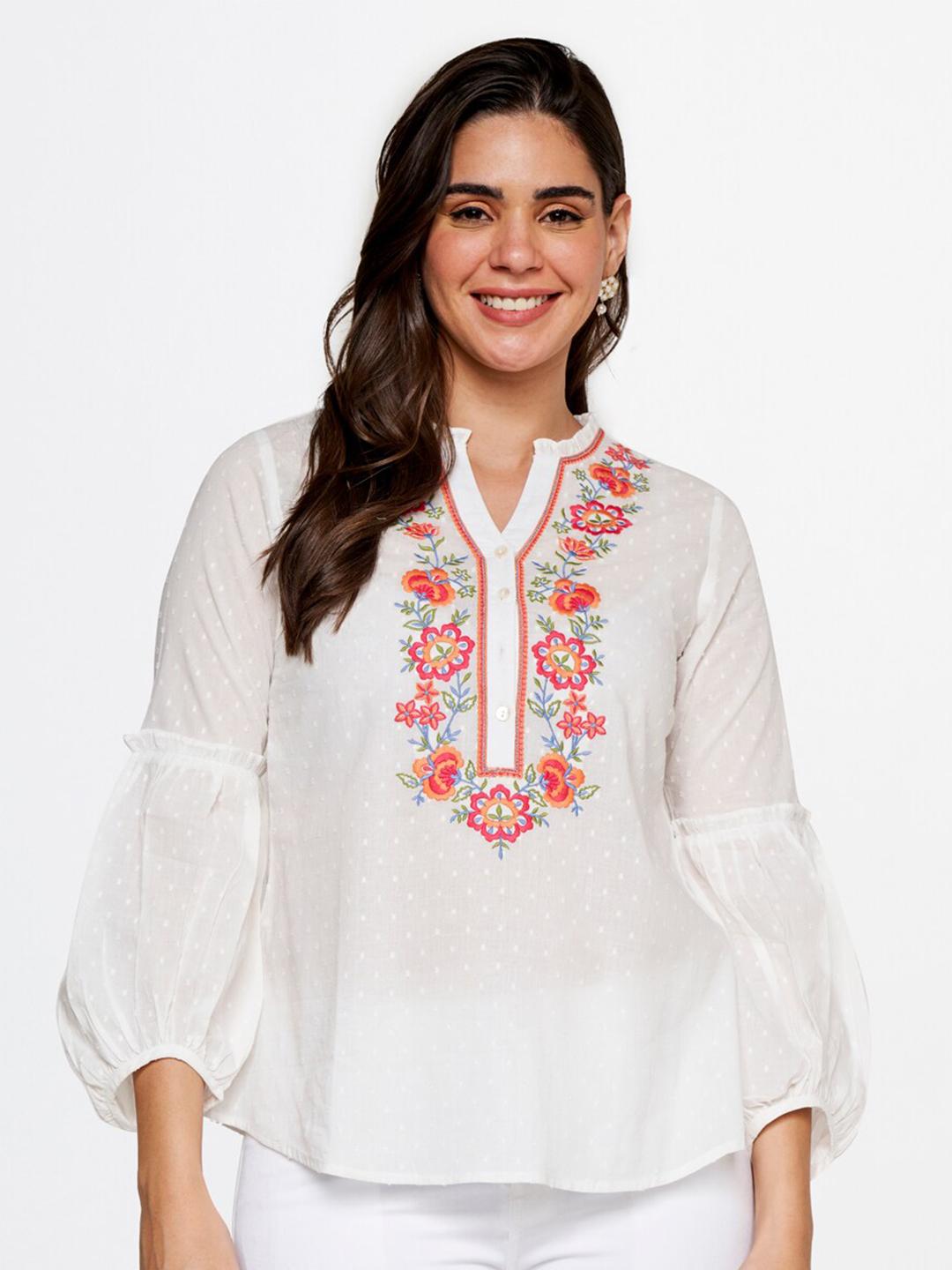 Print Mandarin Collar Puff Sleeve Cotton Top