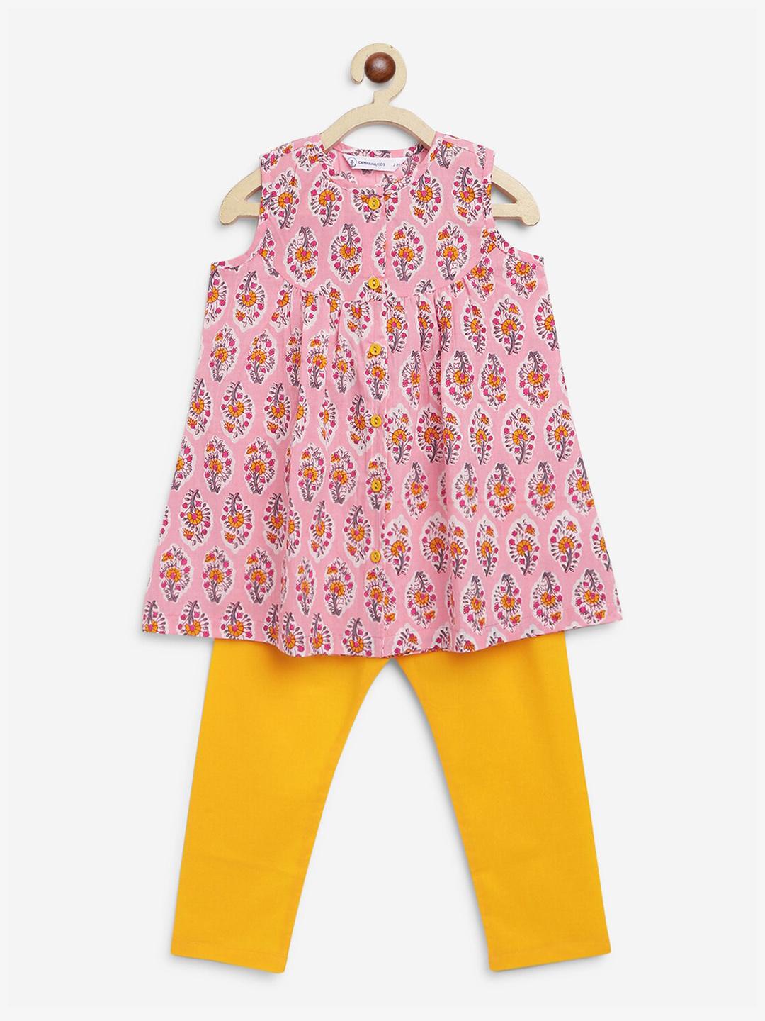 Campana Girls Urvashi Kurta - Seamless Floral Print - Teal & Purple
