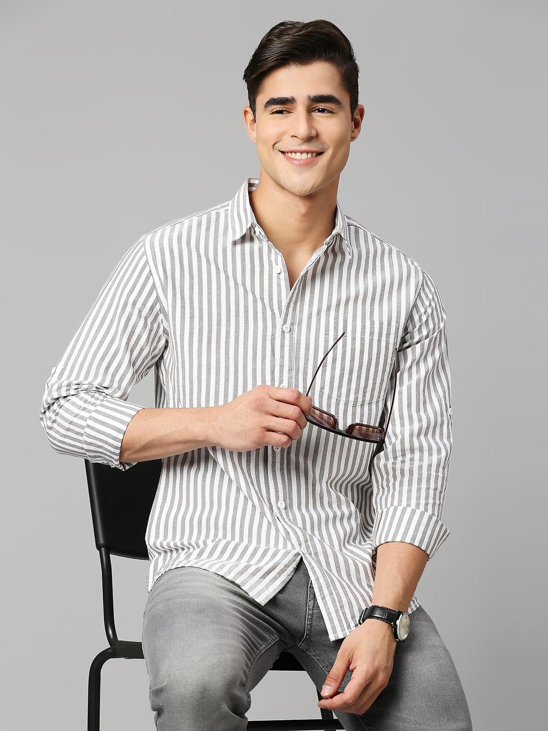 HERE&NOW Black Classic Slim Fit Vertical Striped Pure Cotton Casual Shirt