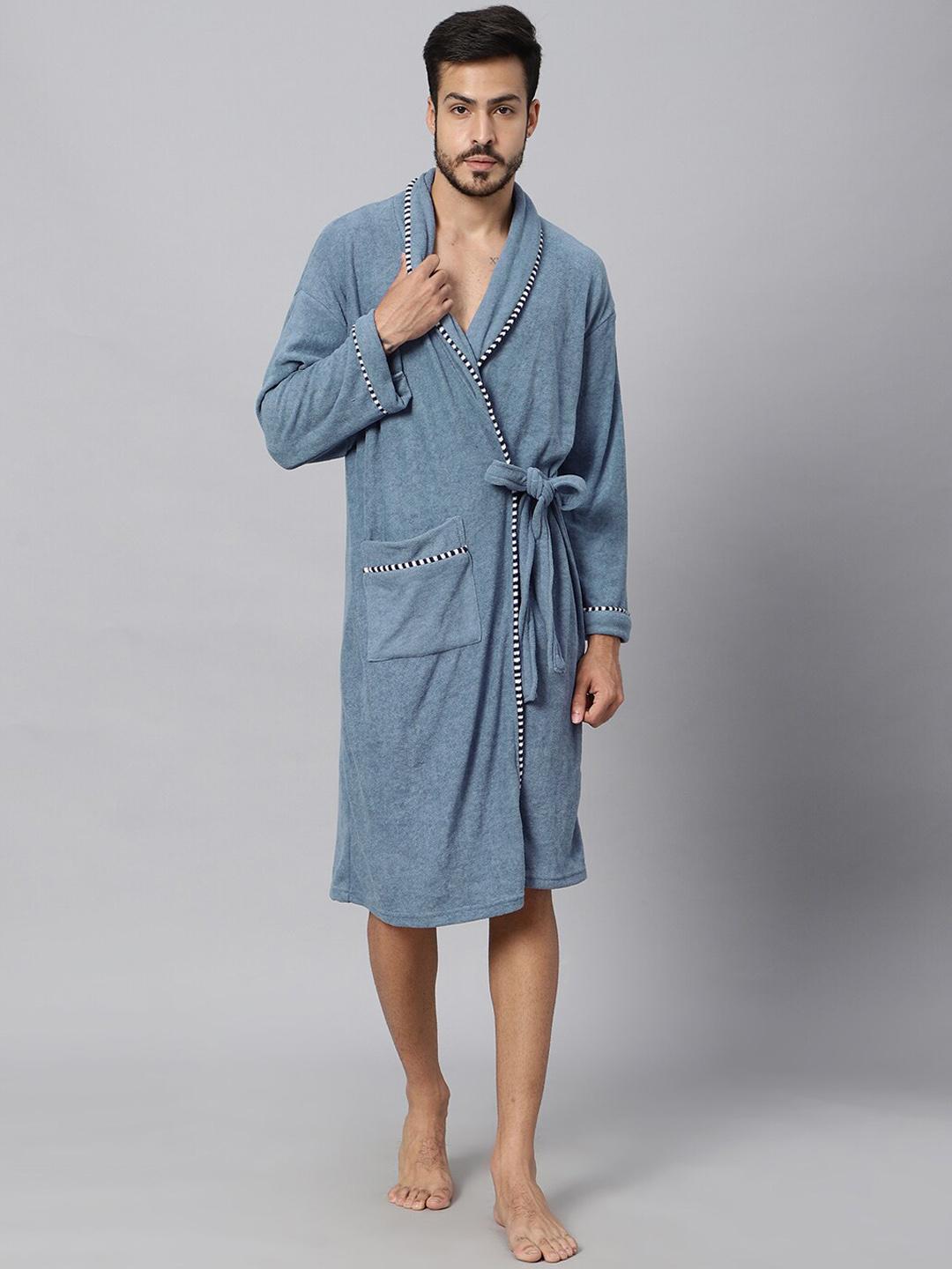Buy LacyLook Blue Solid Cotton Drawstring Knee Length Bath Robe M - - Home for Men