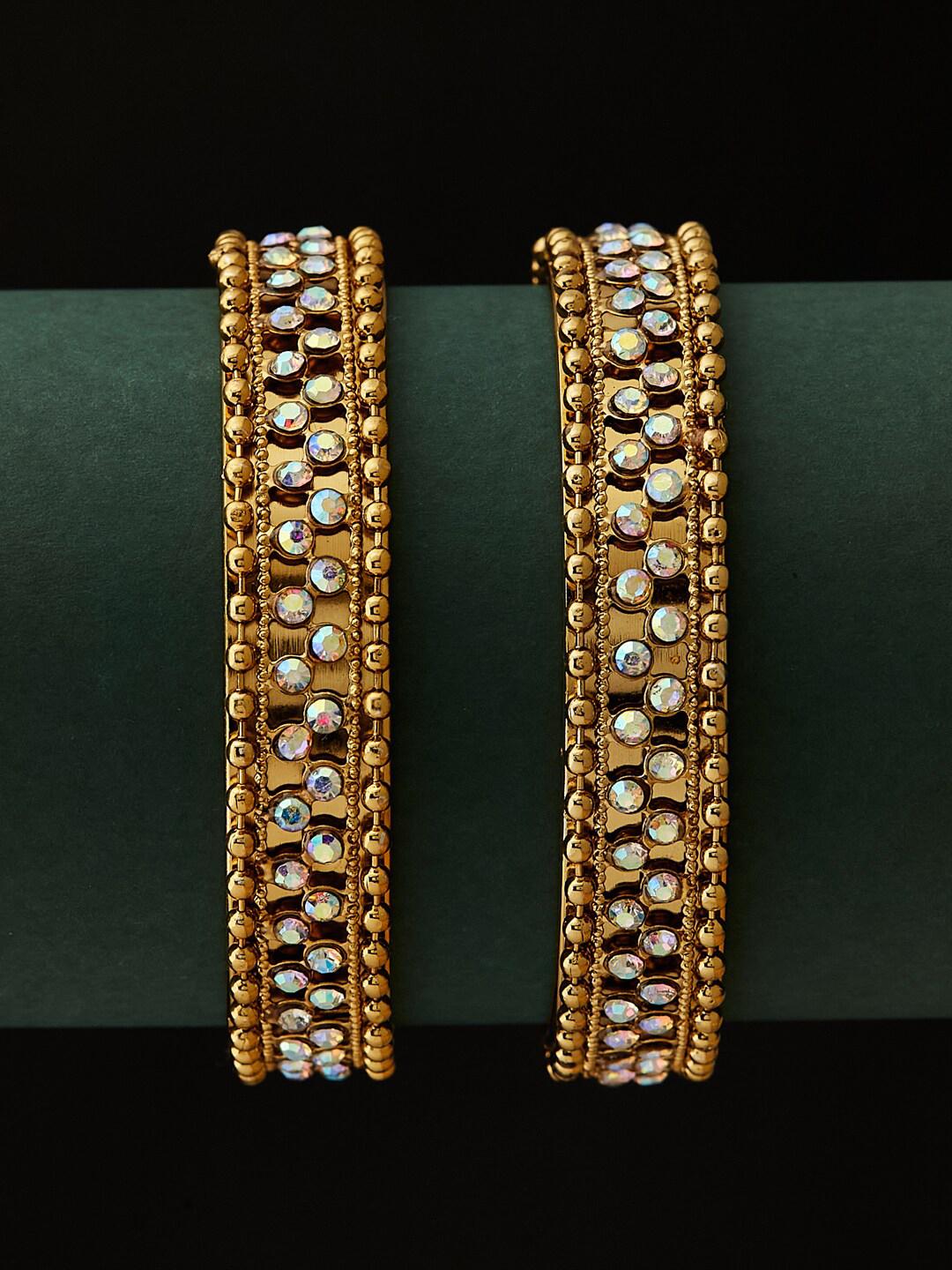 Buy ATIBELLE Set Of 2 Gold Plated & Stone Studded Textured Bangles ...