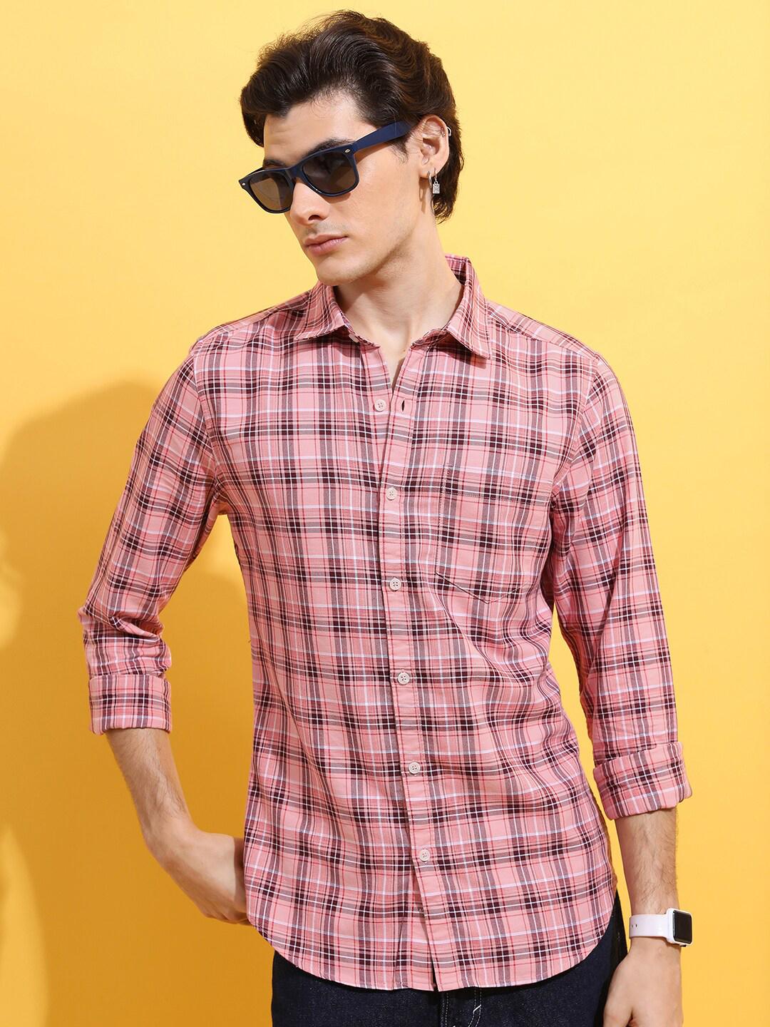 HIGHLANDER Men Peach-Coloured Slim Fit Tartan Checked Casual Shirt