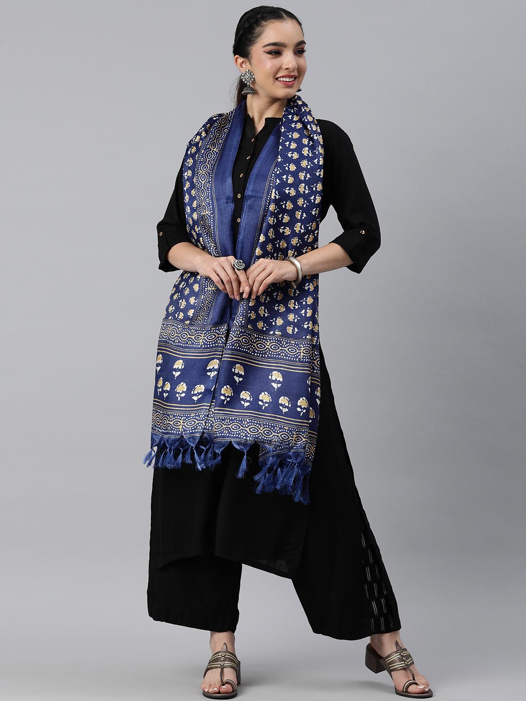 RANI SAAHIBA Dupatta Donna In Seta Artistica Stampata Kantha - Nero - 2m X 1,10m