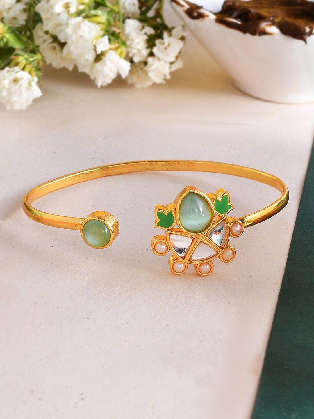 Buy Forever More Green Enamelled Floral Pearls And Green Stones Bracelet - - Accessories for Women