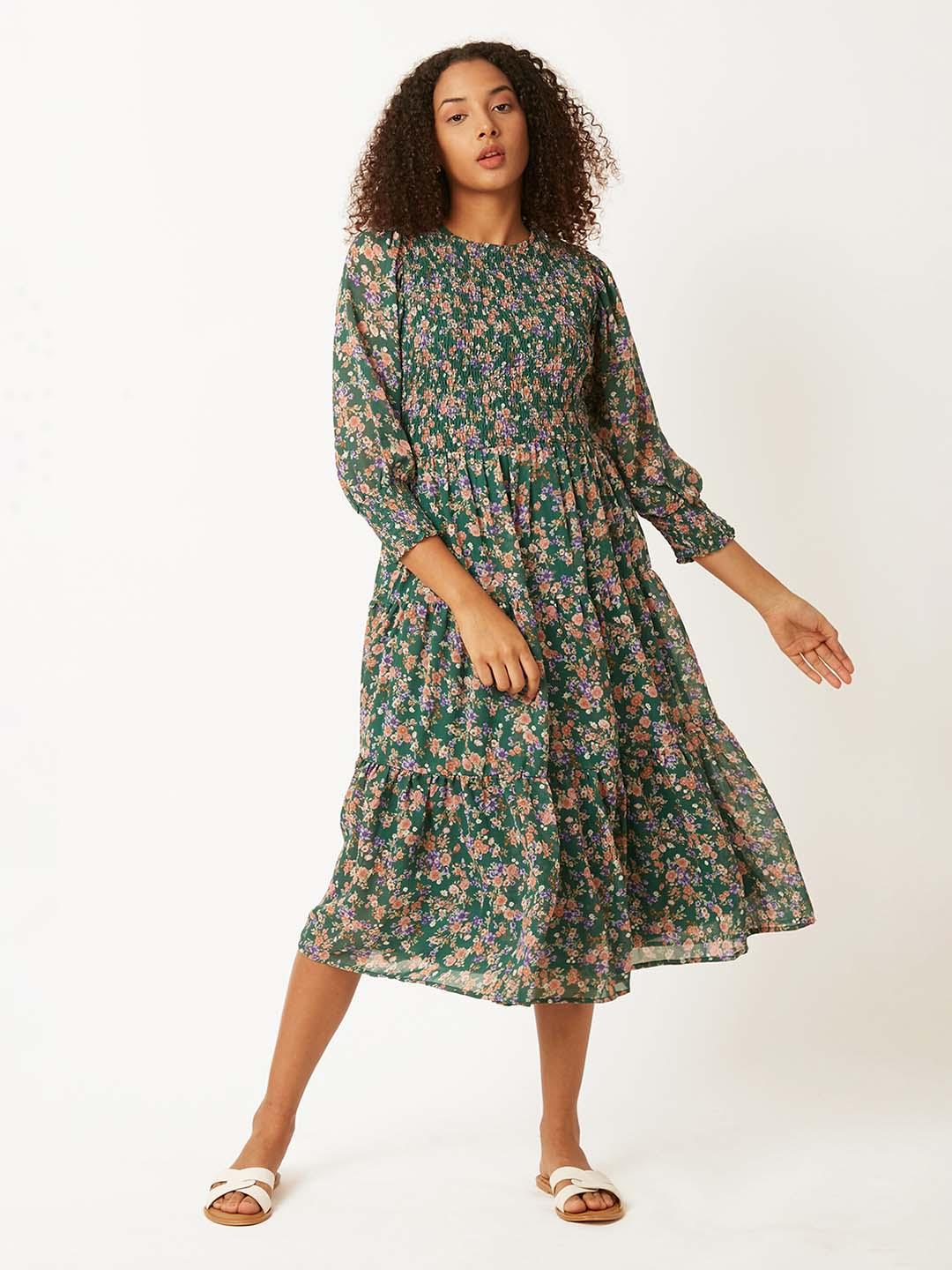 Printed Fit & Flare Midi Dress green