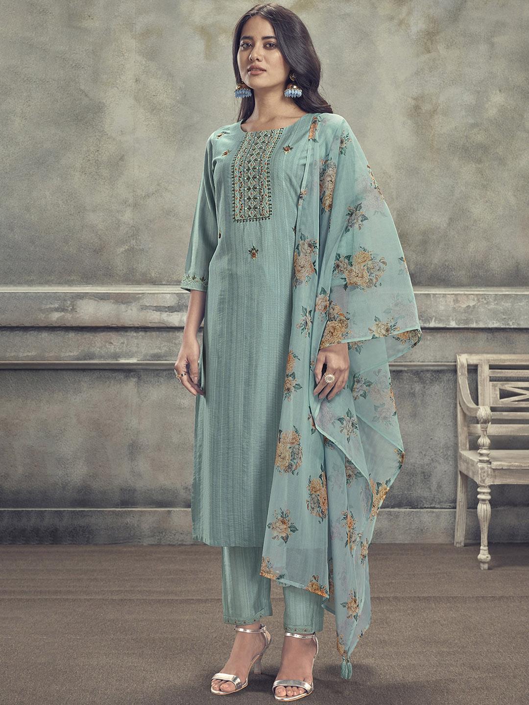 Turquoise Blue Floral Embroidered Kurta with Printed Pyjamas & Dupatta