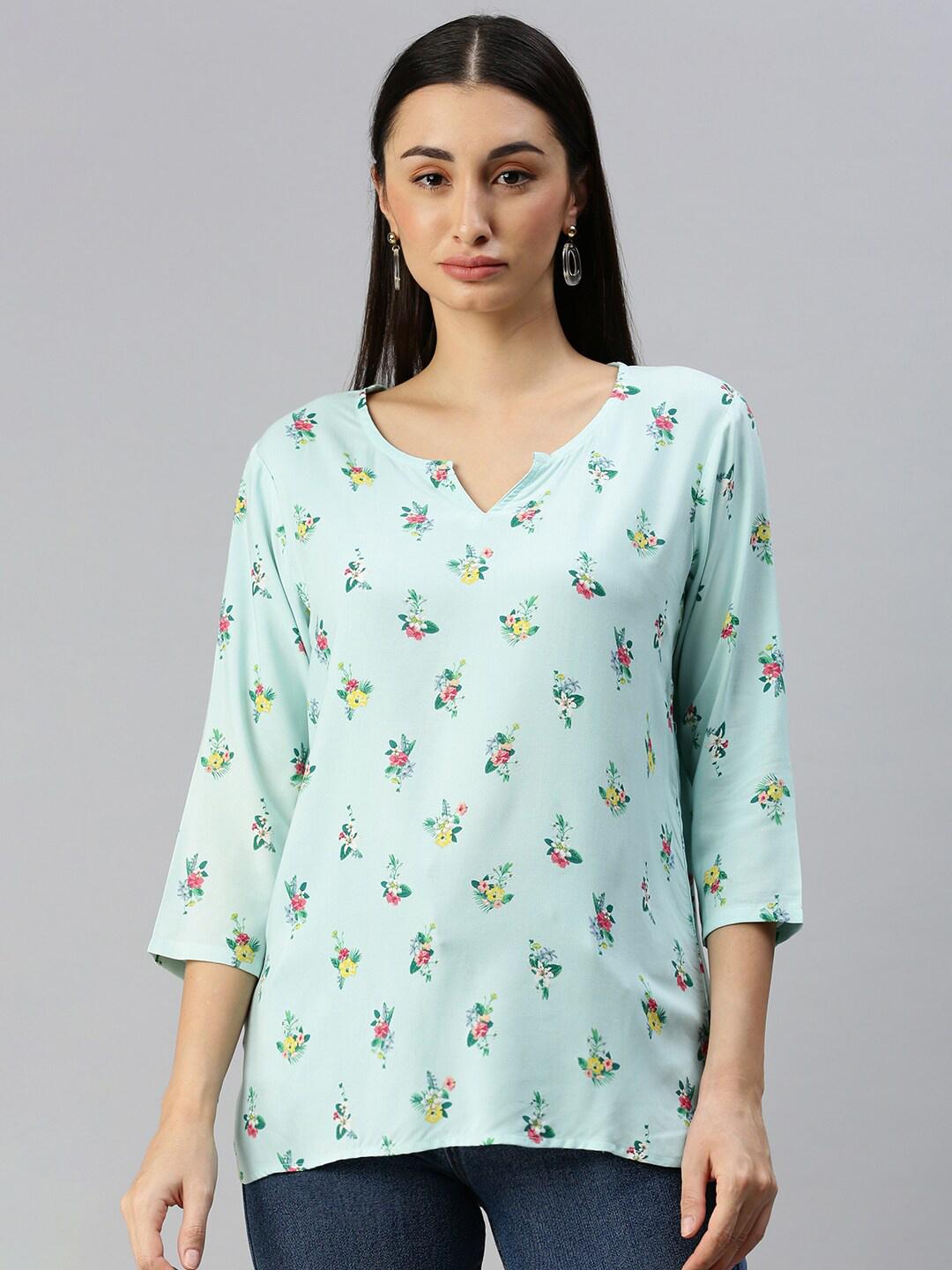 Blue Floral Print Cotton Top