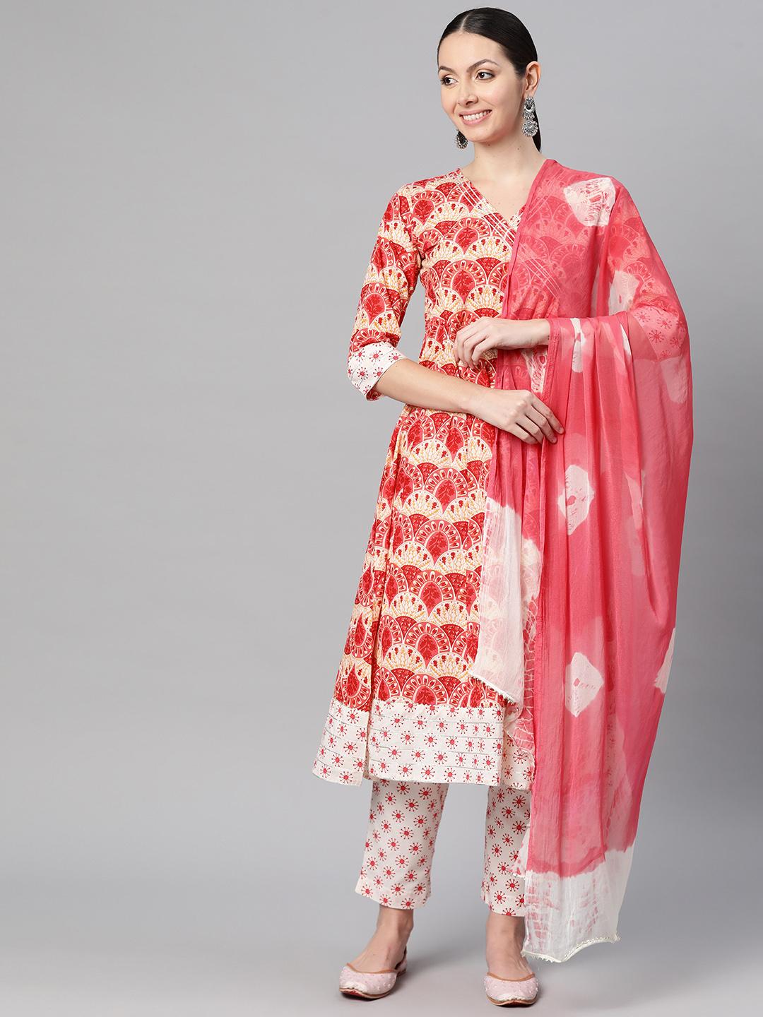 Indibelle Cotton Floral print Straight Kurta Pant With Dupatta (Off White)