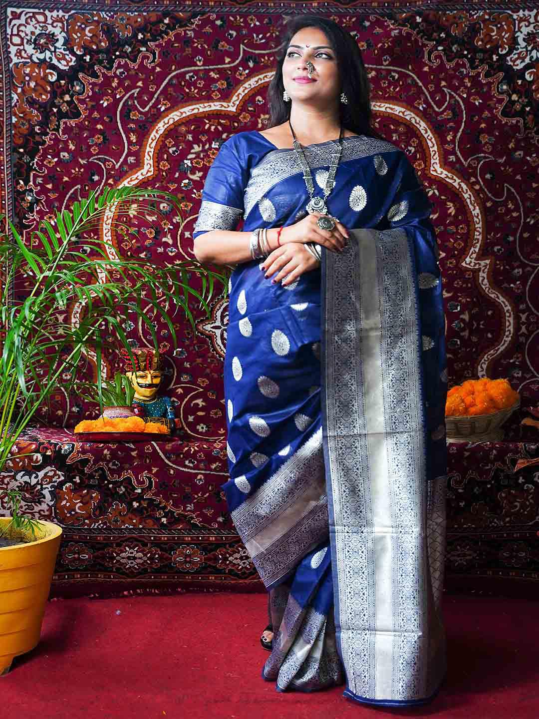 Mitera Navy Blue & Pink Floral Zari Silk Blend Banarasi Saree