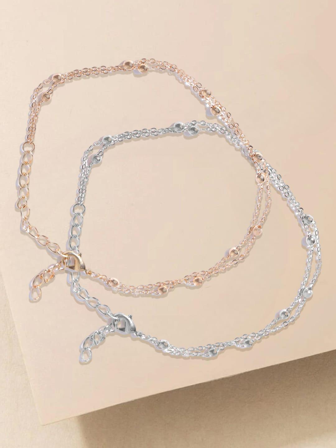 Buy OOMPH Set Of 2 Silver & Gold Plated Multi Layered Anklets - Anklet ...