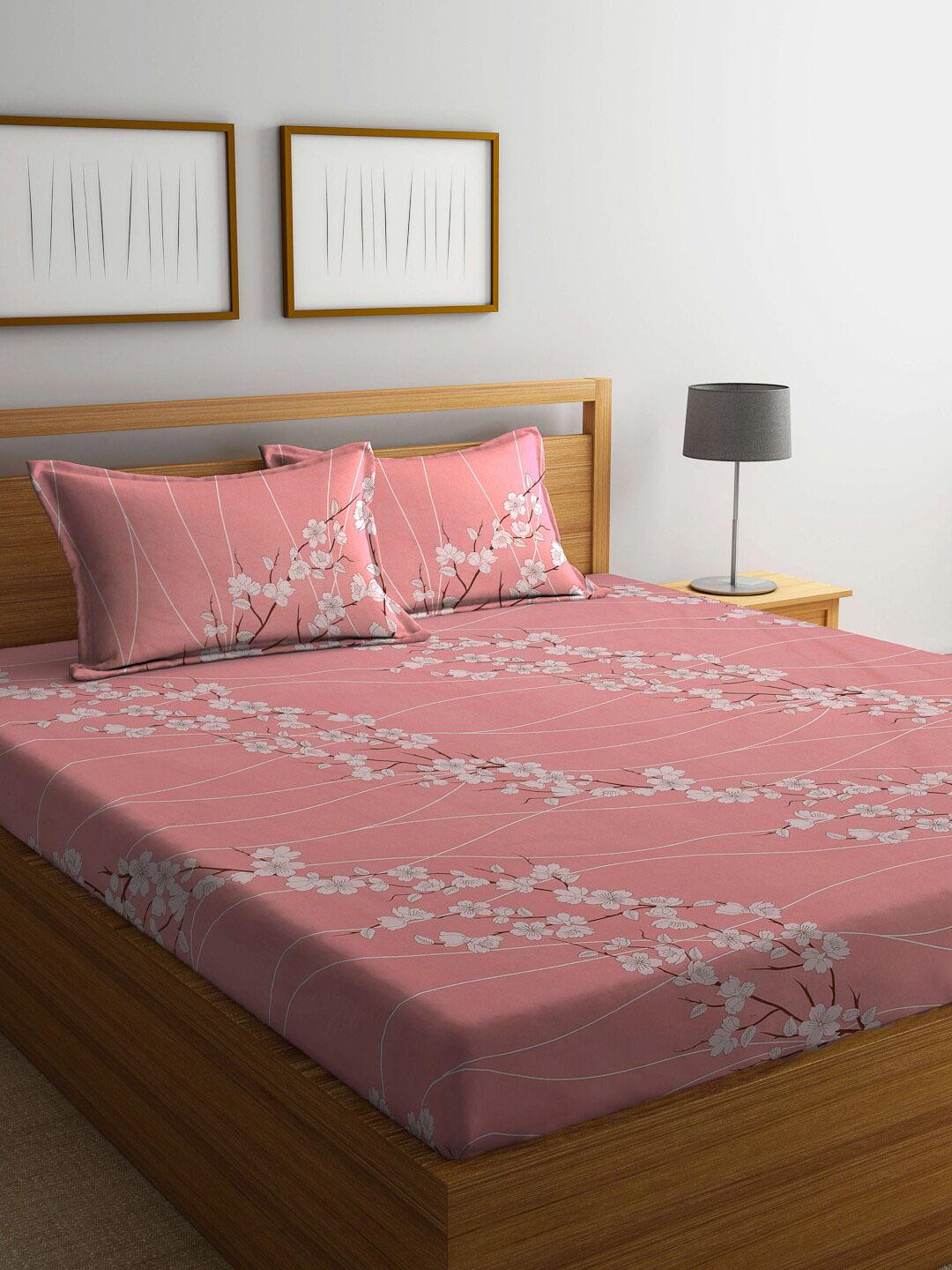 Buy KLOTTHE Pink Floral Printed Fitted 400 TC Pure Cotton King Bedsheet & 2 Pillow Covers -  - Home for Unisex