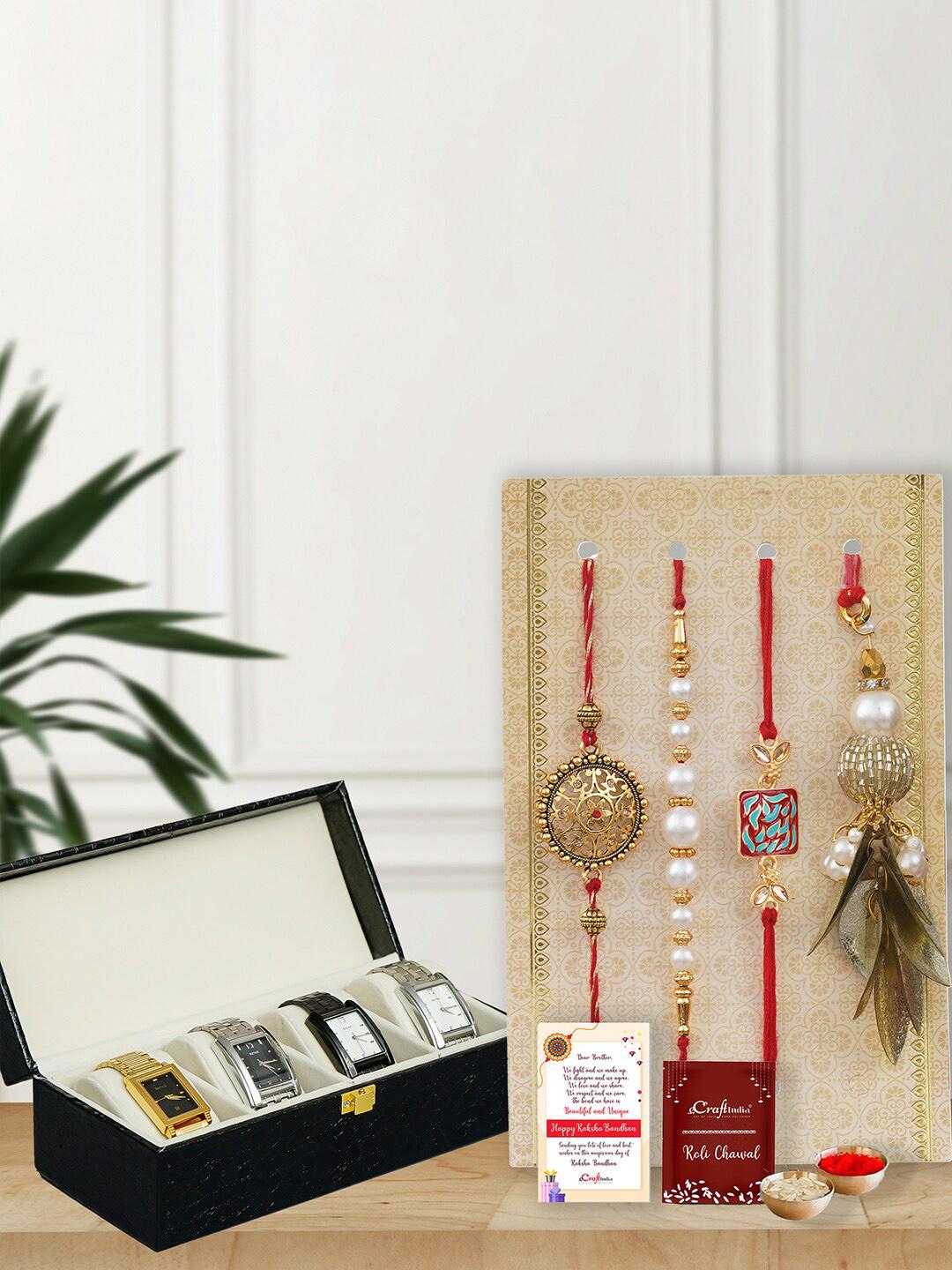 Buy ECraftIndia Set Of 4 Rakhis With Watch Organizer Box - Rakhi Gift ...
