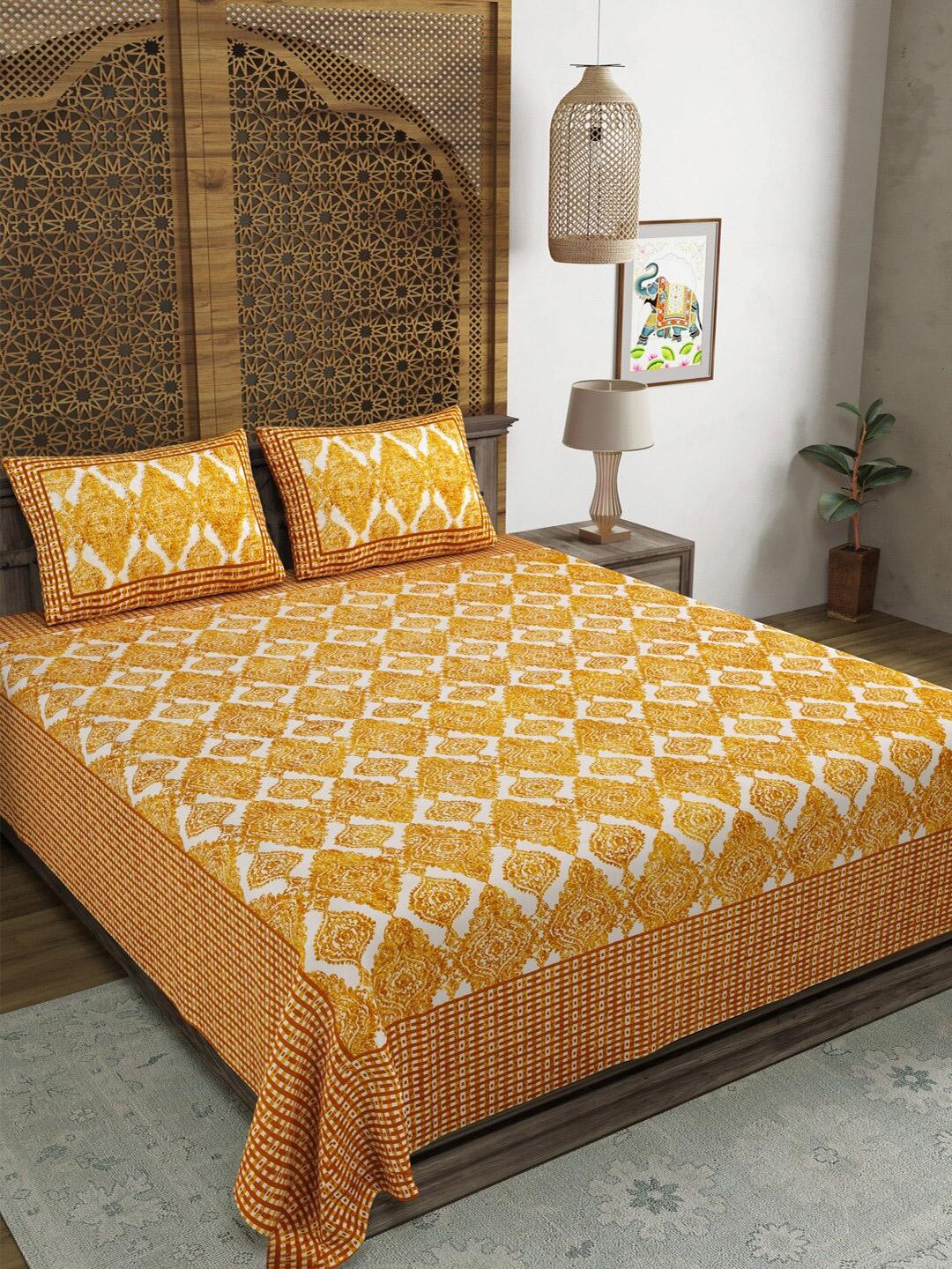 Sangria Yellow Ethnic Motifs Cotton 210 TC King Fine Bedsheet with 2 Pillow Covers-274 x 274 cm