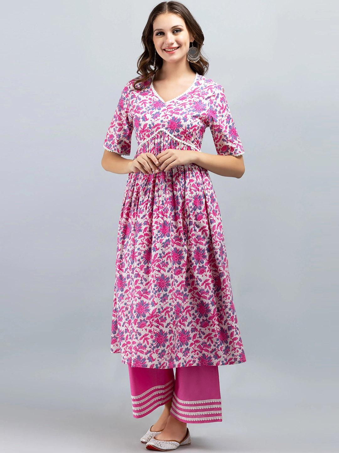 Buy SAK JAIPUR Floral Printed Thread Work Empire Pure Cotton Kurta With ...