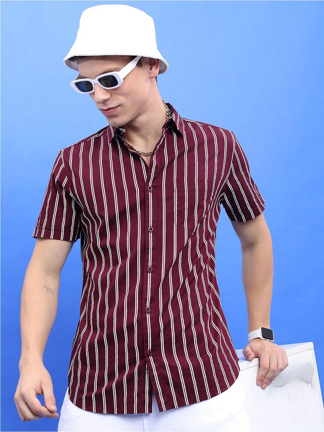 HIGHLANDER Burgundy & White Striped Slim Fit Cotton Casual Shirt