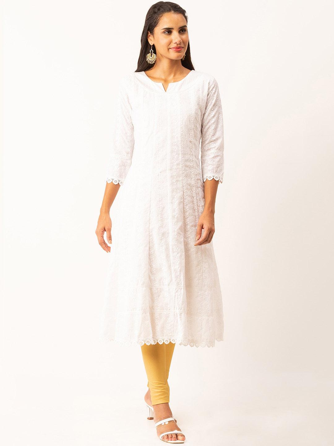 Rangsutra Suhani White A-Line Cotton Kurta With Applique