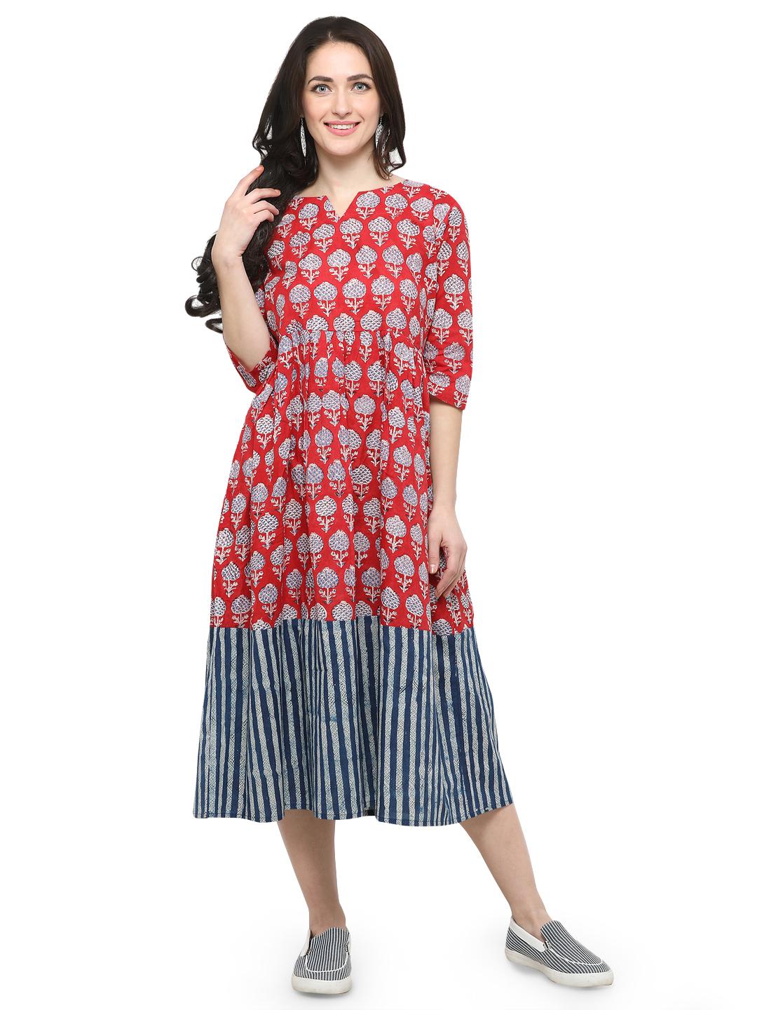 RED BLOCK PRINTED FLARED DRESS main image 0