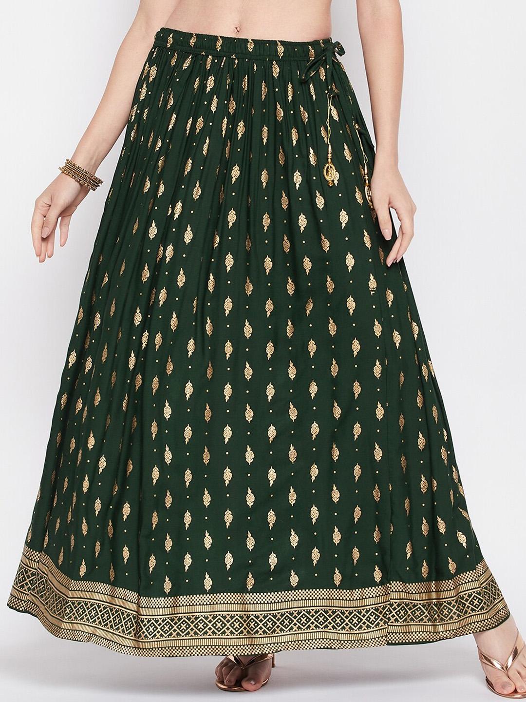 Women Off-White Orange And Green Printed Flared Maxi Skirt