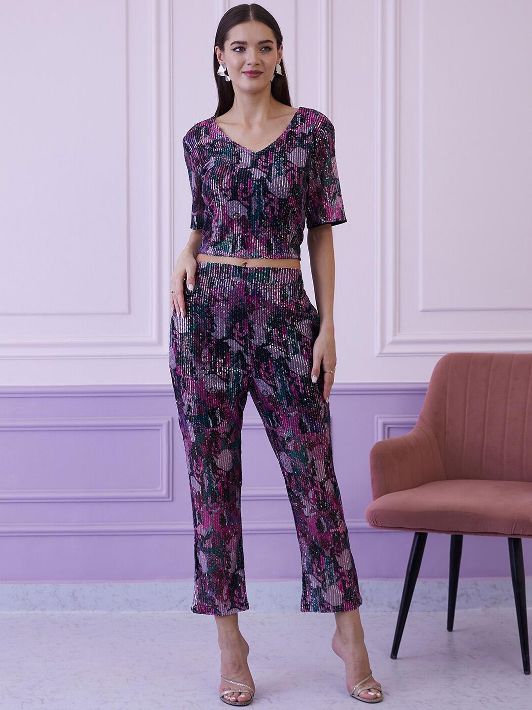 Buy Athena Burgundy Embellished V Neck Top With Trousers - - Apparel for Women