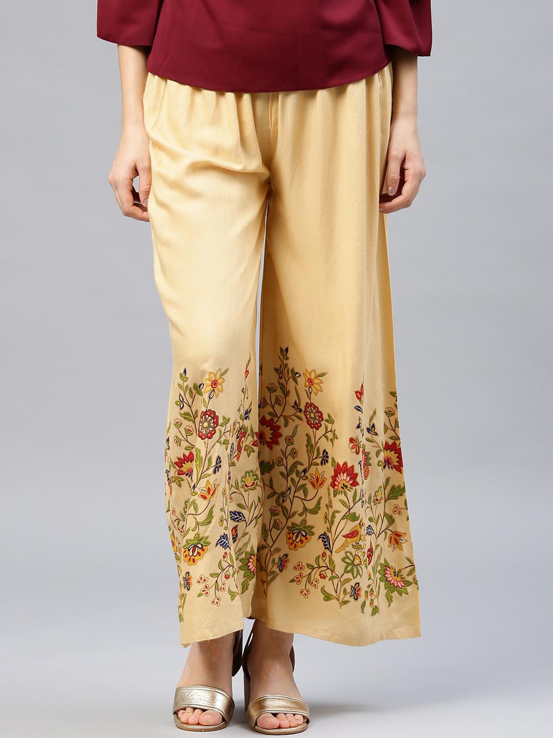 Buy Jaipur Kurti Women Beige Floral Print Wide Leg Palazzos - Palazzos ...