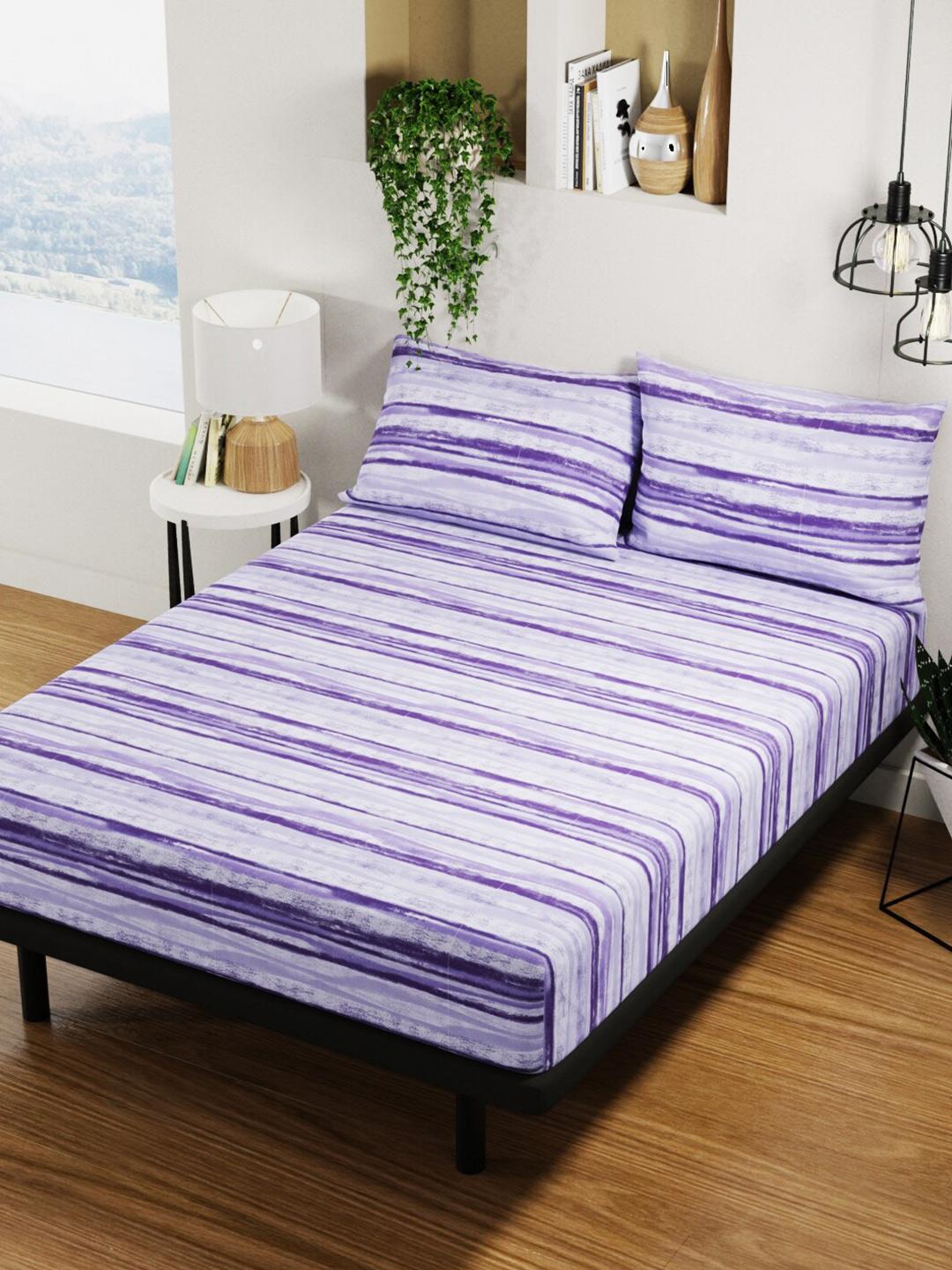 Buy BIANCA Platinum Purple Striped 144 TC Pure Cotton Queen Bedsheet With 2 Pillow Covers -  - Home for Unisex