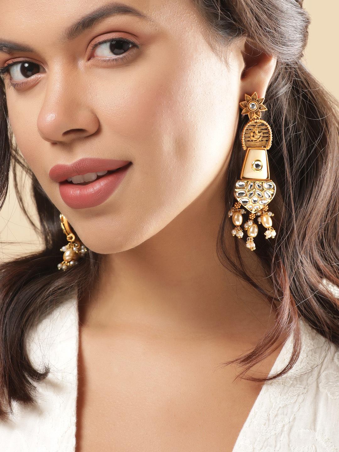 Buy Rubans 18K Gold Plated Kundan And Pearl Beaded Drop Earrings With Enamel Detailing -  - Accessories for Women